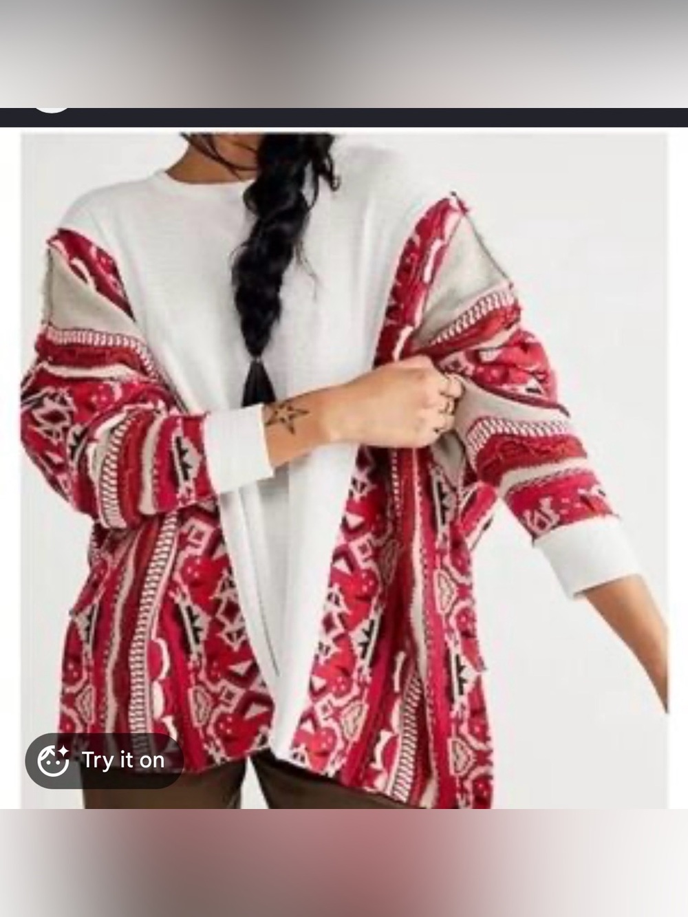 We The Free White Center Ribbed Pullover with Red Patterned Sleeves